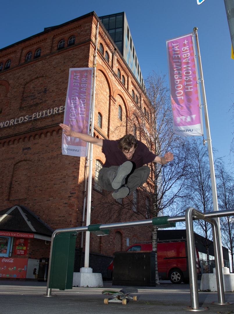 Grinding a ledge outside the waterfront